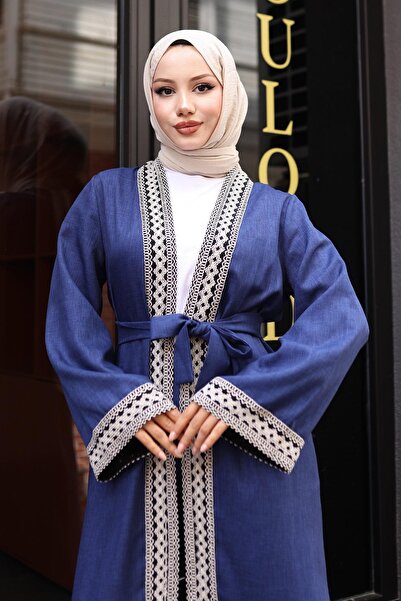 Modamihram Ethnic Patterned Kimono Set Indigo Msw19251-2