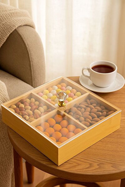 Fİ HOME Bamboo 4-Compartment Snack Bowl 20X20 Stylish Presentation Box with Plexiglass Lid
