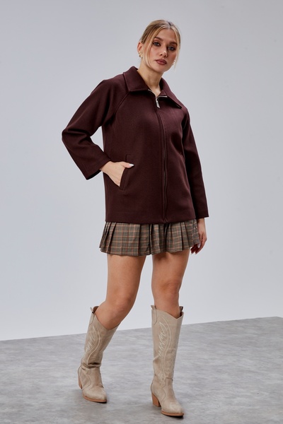 Bolivente Acı Kahve Oversized Zippered Cashmere Jacket