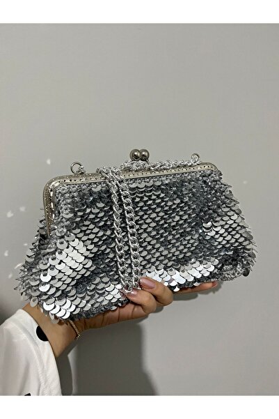 Handmade gri şık zincirli pullu makrome kol çantası