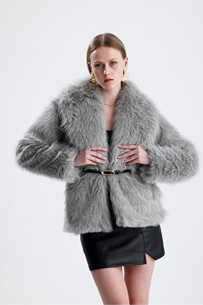 VAPUR TEKSTİL Leather belted fur coat - grey