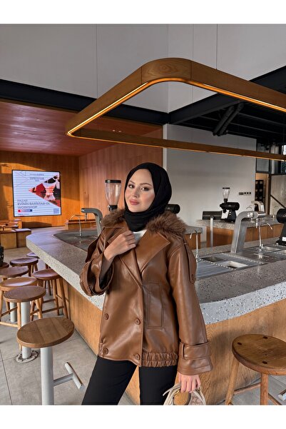 LOCCO Women's Leather Jacket with Fur Collar Detail, Brown