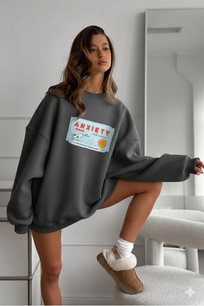 The Champ Clothing Γυναικείο φούτερ oversized Anxiety Bar με τύπωμα Smoked Melange– Crew Neck, 3 Thread Fleece
