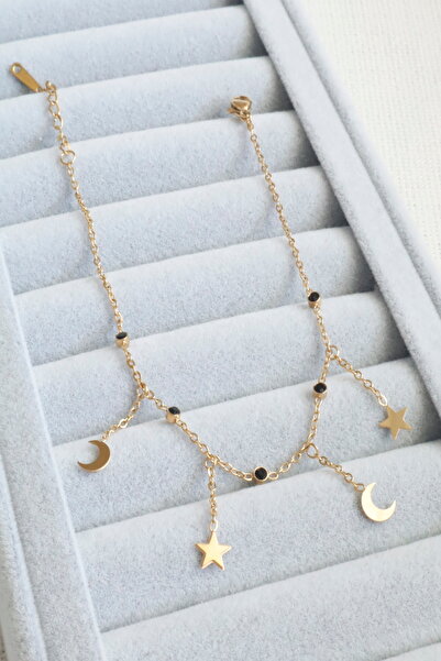 DEMOKAN Women's Steel Anklet Dangle Crescent Star Black Zircon Stone Non-Tarnish Anklet