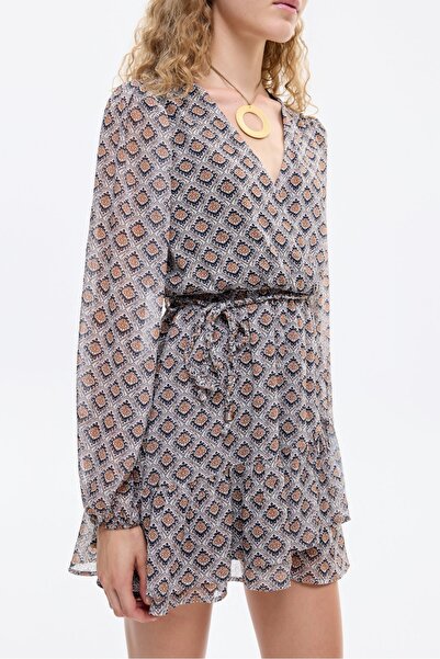 Quzu Kemer Detaylı Desenli Kadın Mini Elbise ELB00868 Kahve