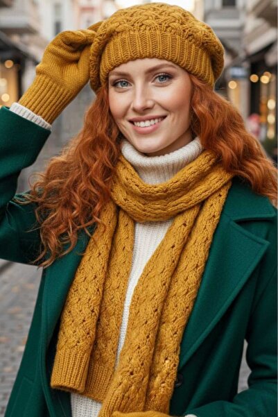 Mood Agenda Women's 3-Piece Knitted Patterned Beanie Scarf Gloves Set