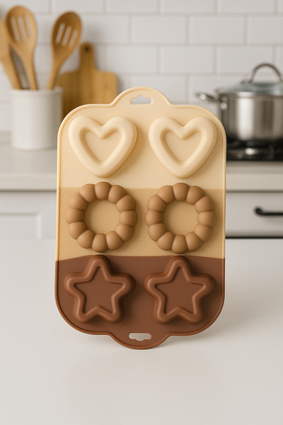 SYN AKSESUAR 6'lı Silikon Kalpli Yıldızlı Kek Kalıbı, Isıya Dayanıklı, Siliko...