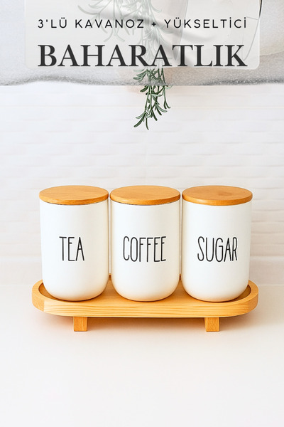 Penthouse Wooden Stand and Set of 3 Tea/Coffee/Sugar Glass Jars (1000 ml)