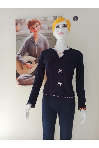 Hababamevi Navy Blue Women's Pajama Set with Ribbon