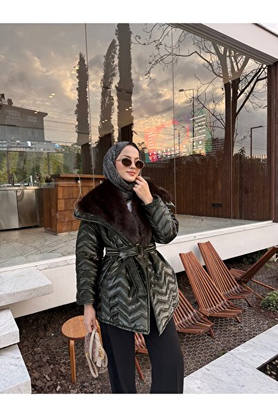 LOCCO Palton de damă cu detaliu de blană la guler, cu legături în talie, verde închis