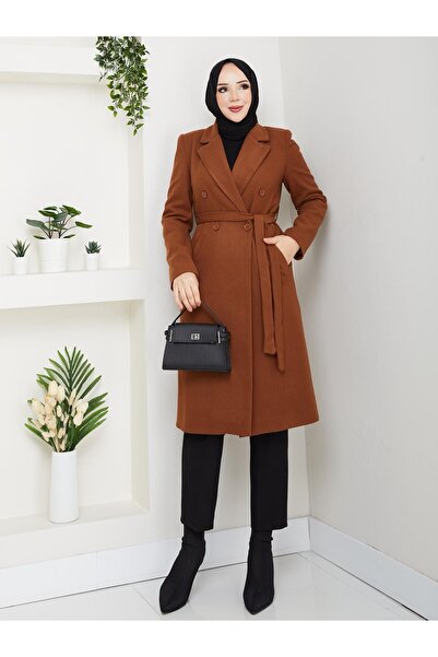 nisanurfashion Kuşaklı Taba Rengi Kadın Kaban