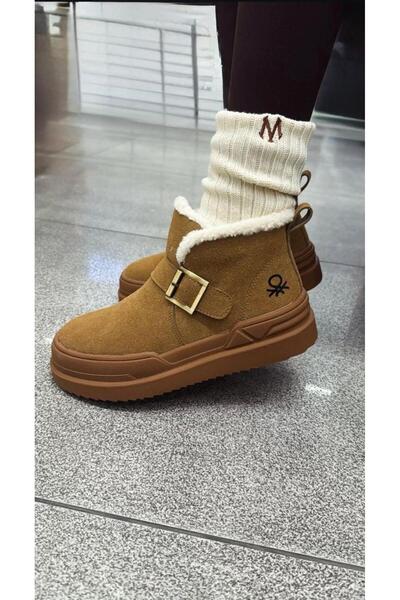 Benetton Kürk Astarlı Taba Rengi Tokalı Yüksek Taban Bot