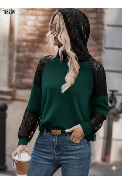 BZ Boutique Long Sleeve Lace Hooded Plus Size Viscose Two Thread Blouse 174670