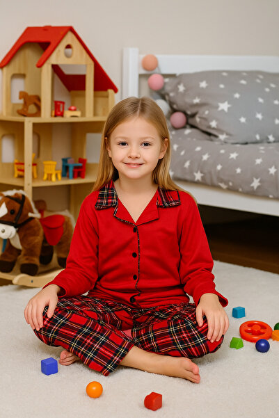 SANTRALBEBE Girl's Soft Front Buttoned Shirt Model Pajama Set