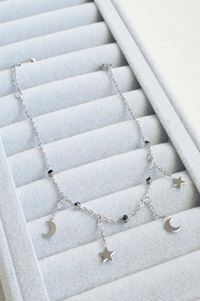 DEMOKAN Women's Steel Anklet Dangle Crescent Star Black Zircon Stone Non-Tarnish Anklet