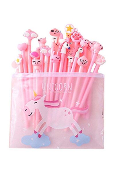 Generic 21-Piece Unicorn Patterns Pen With File Bag Set Pink/Clear