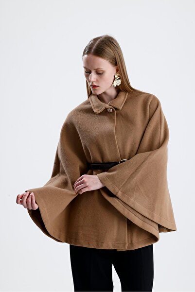 VAPUR TEKSTİL Leather belted stamp poncho - camel