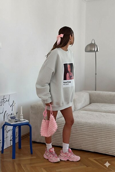 The Champ Clothing Γυναικείο φόρεμα oversized Sweat Grey Melange - 3 Thread Ş επένδυση fleece Crew Neck, Pantone - με στάμπα πριγκίπισσας