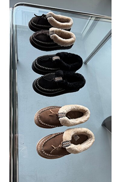 Eataly Shoes Γυναικείες παντόφλες μοκασίνι από γνήσιο δέρμα σουέτ με ραμμένη γούνα