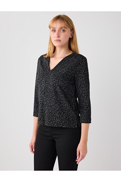 Jimmy Key Siyah V Yaka Leopar Desenli Vatkalı Uzun Kollu Bluz