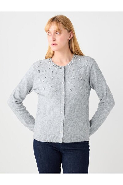 Jimmy Key Gray Round Neck Shiny Stone Detailed Knitwear Cardigan