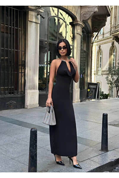 Bak Moda Sırt Göğüs Dekolteli Uzun Yırtmaçlı Astarlı Siyah Elbise