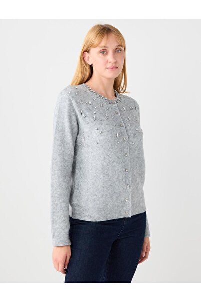 Jimmy Key Gray Round Neck Shiny Stone Detailed Knitwear Cardigan