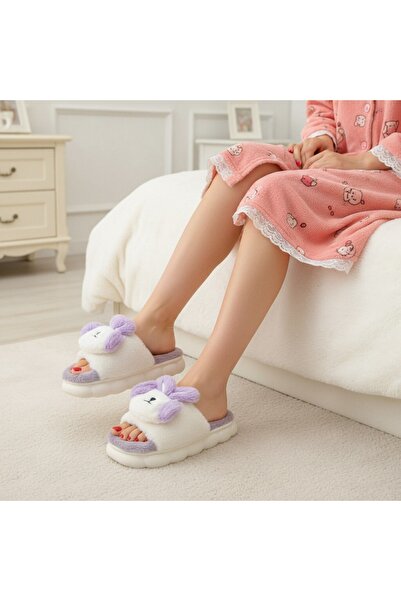 OEM Women's open-toe slippers, fluffy and warm, cheerful Bunny pattern, P2079