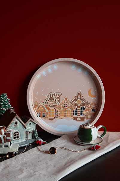 Sarkap Home Yılbaşı Desenli Dekoratif Metal Tepsi - Pink Midnight