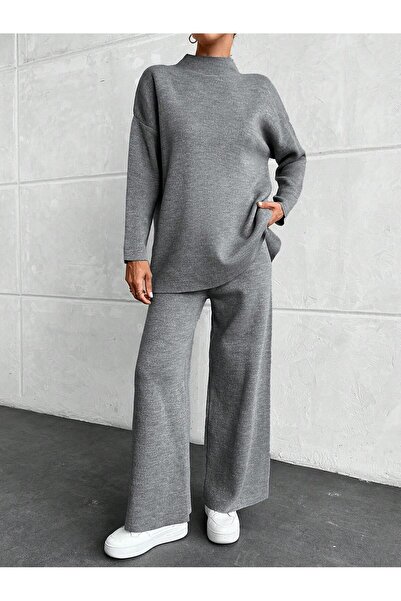 Puella Tkm0005 Women's Gray Glitter Half Turtleneck Pique Sweater-Pants Knitwear Set