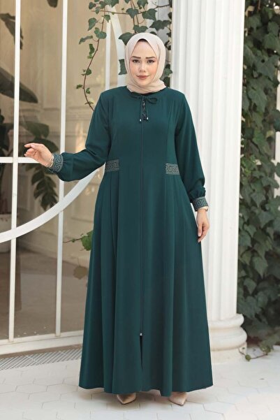N.S NEVA STYLE Pile Detailed Emerald Green Hijab Ferace 45271Zy