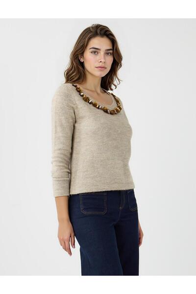 Jimmy Key Vizon U Yaka Uzun Kollu Yaka İşlemeli Triko Kazak