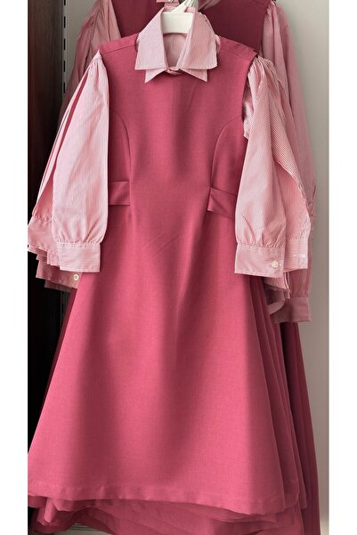 La reina petite Larina Petite pink elementary school pinafore with belt and pink and white striped shirt