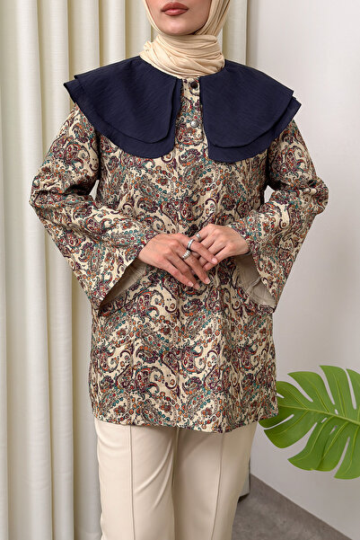 Salih Çelebi Buta Desenli Oversize Tunik 0042 - BEJ