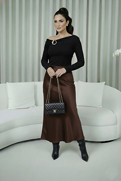 studio fashion 1988 Women's Premium Elastic Waist Long Hem Cut Floş Silk Satin Skirt