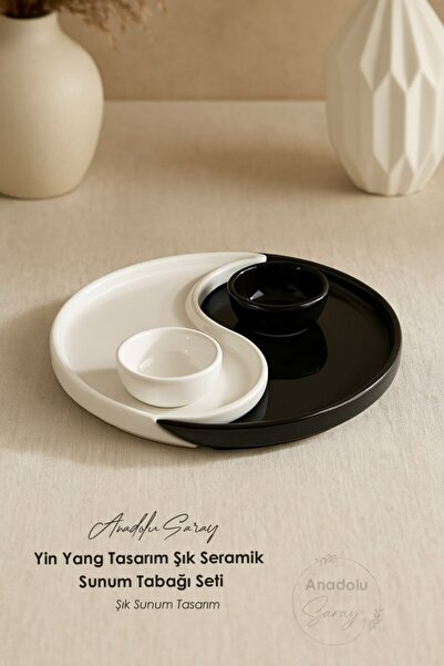 Anadolu Saray Yin Yang Design Stylish Ceramic Presentation Plate Set – Black and White Modern Tableware Decor