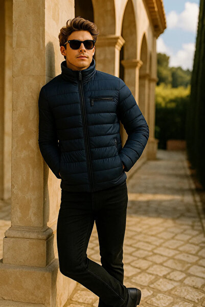 comstar Men's Comfort Mock Neck Casual Winter Navy Blue Puffer Jacket