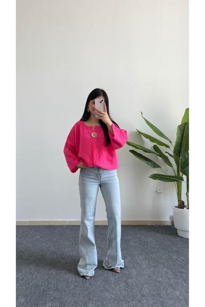 Pera Pamira Gold Button Elevator Sleeve Oversized Shirt - Pink