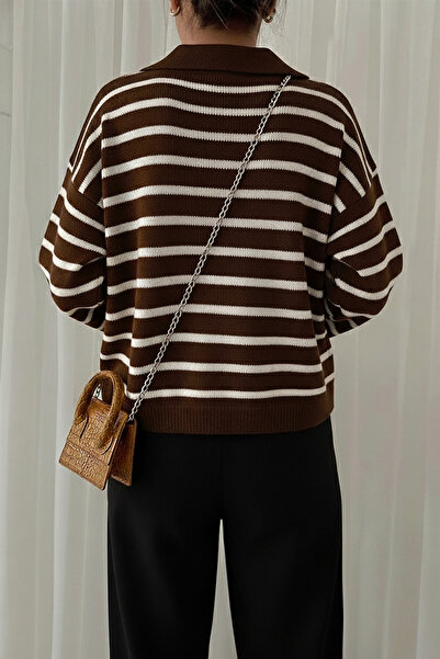 BEŞİR GİYİM Women's Ecru Striped 1stQuality Polo Collar Basic Knitwear Sweater