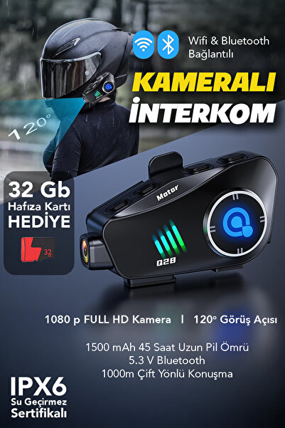 mimtec 1000m Kameralı İnterkom - Bluetooth 5.3 Su Geçirmez Motosiklet Kask Kulaklık 32 GB Hafıza Kartı