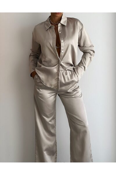 Mayfair Women's Satin Suit With Long Pants, Bra And Gray Shirt