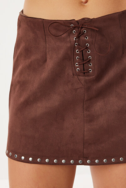 Lovelyİstanbul Studded Suede Mini Skirt Lub0325 Brown