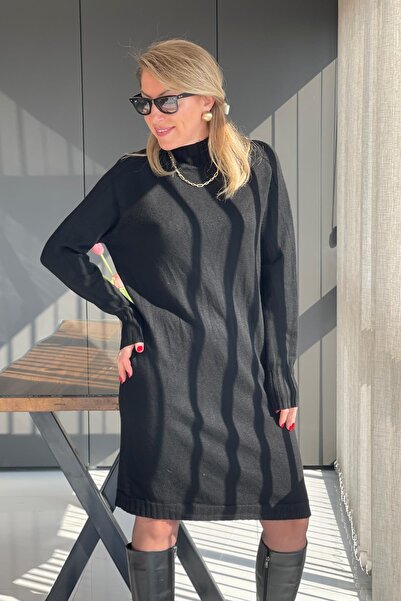 MİSLİNA BUTİK Balıkçı Yaka İthal Triko Siyah Elbise