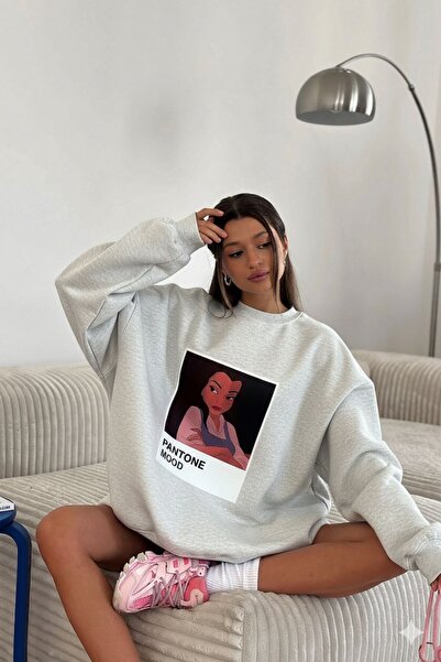 The Champ Clothing Γυναικείο φόρεμα oversized Sweat Grey Melange - 3 Thread Ş επένδυση fleece Crew Neck, Pantone - με στάμπα πριγκίπισσας