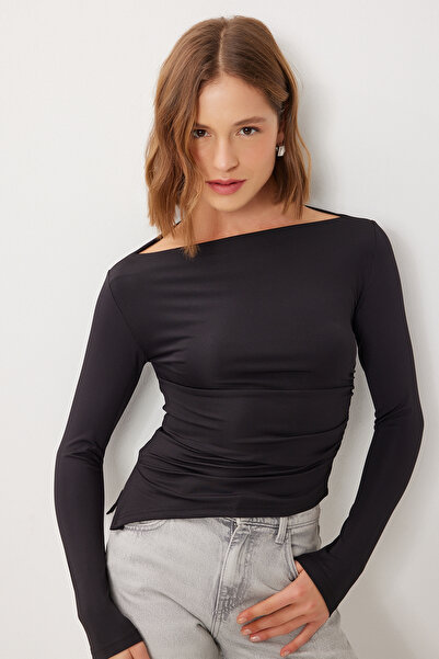 Lovelyİstanbul Asymmetrical Gathered Knitted Blouse Lby0020 Black