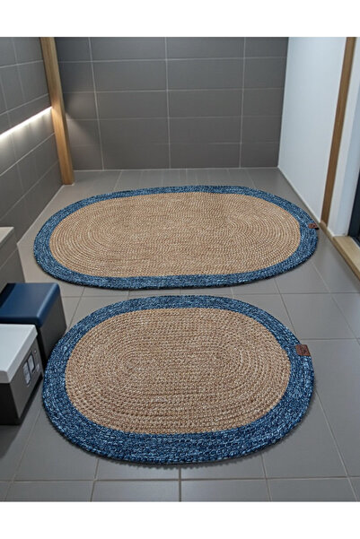 Home Inn Home Textile Blue Edged Wicker Look 2-Piece Oval Bath Mat Set - Handmade