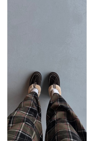 Eataly Shoes Acıkahve Hakiki Süet Deri Dikişli Kürklü Kadın Makosen Terlik