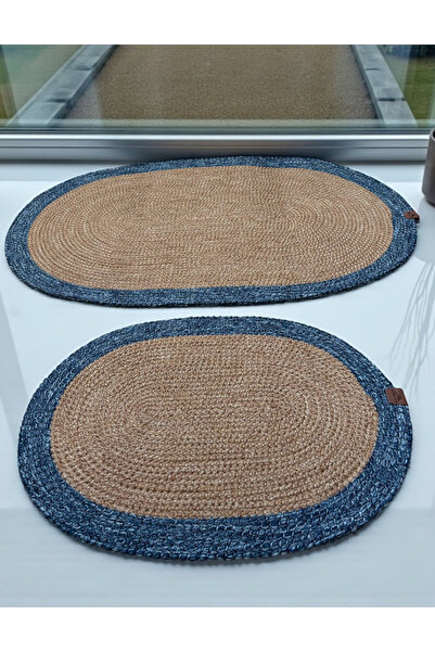 Home Inn Home Textile Blue Edged Wicker Look 2-Piece Oval Bath Mat Set - Handmade