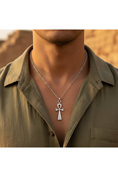 Alooya Ankh Anahtarı - Nil'in Anahtarı Gümüş Kaplama Düz Zincir Kolye