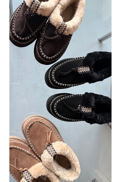 Eataly Shoes Acıkahve Hakiki Süet Deri Dikişli Kürklü Kadın Makosen Terlik